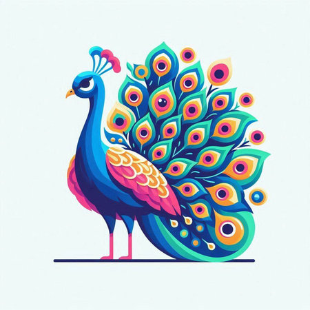 Peacock with colorful feathers. Vector illustration, isolated on white background.のイラスト素材