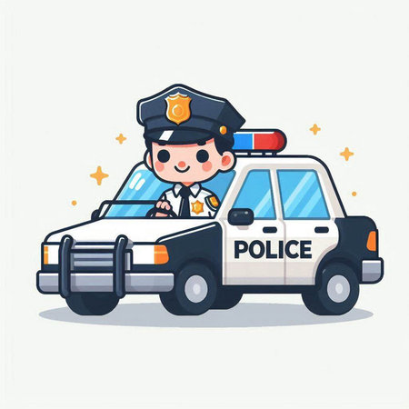 Police officer with police car. Cute cartoon character vector illustration.のイラスト素材