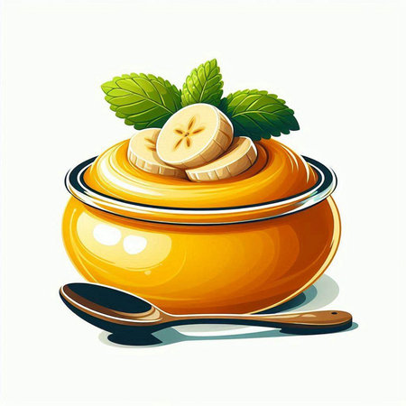 Vector illustration of banana pudding in bowl with spoon and mint leaves.のイラスト素材