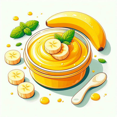Banana jam with fresh bananas and mint leaves. Vector illustration.のイラスト素材