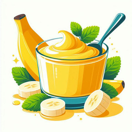 Banana cream in a glass bowl with slices of banana and spoon. Vector illustration.のイラスト素材