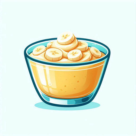 Banana smoothie in glass bowl isolated on blue background. Vector illustration.のイラスト素材