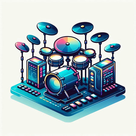 Drum kit isometric composition on white background. Vector illustration.のイラスト素材