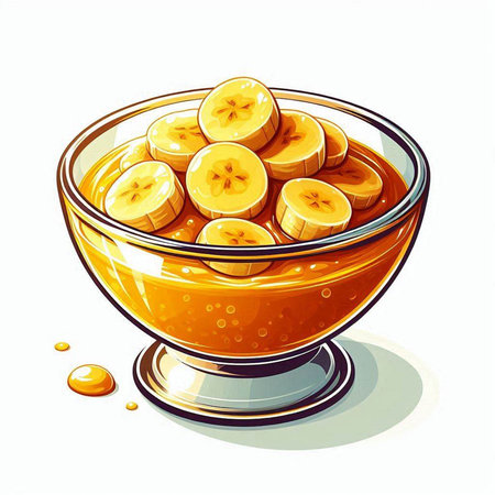 Banana jam in glass bowl on white background, vector illustration.のイラスト素材