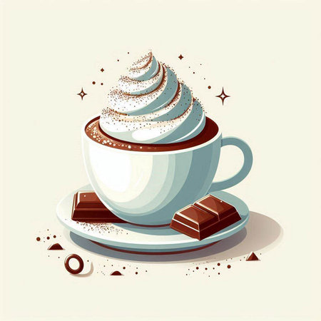 Cup of coffee with whipped cream and chocolate. Vector illustration.のイラスト素材
