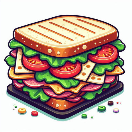 Sandwich with tomato, lettuce, cheese and cucumber. Vector illustration.のイラスト素材
