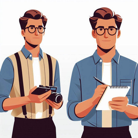 Vector illustration of a photographer with a camera and a young man.のイラスト素材