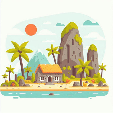 Tropical island with palm trees and house. Vector illustration.のイラスト素材