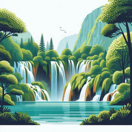 Waterfall in the forest. Vector illustration of a beautiful landscape.のイラスト素材