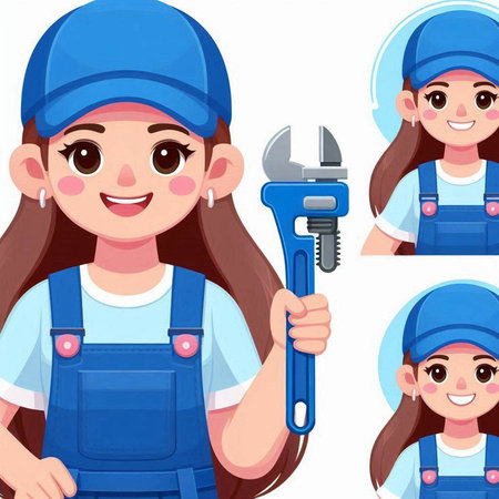 Vector illustration of Cute cartoon mechanic woman with wrench and plumber girl.のイラスト素材