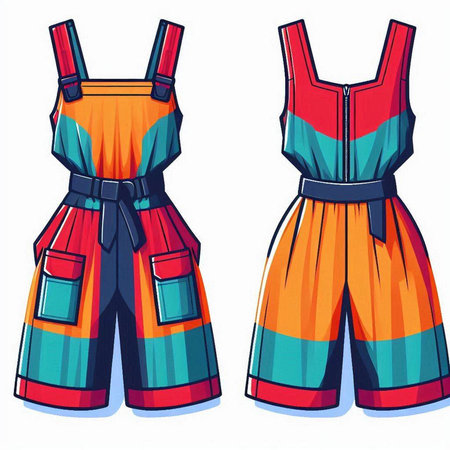Vector illustration of an orange and blue jumpsuit with a belt.のイラスト素材