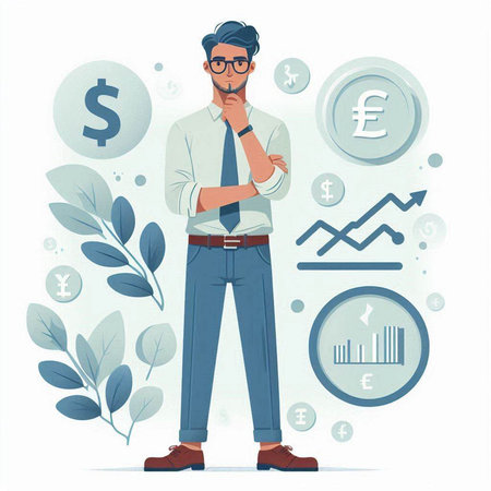 Businessman thinking about money. Vector illustration in flat cartoon style.のイラスト素材