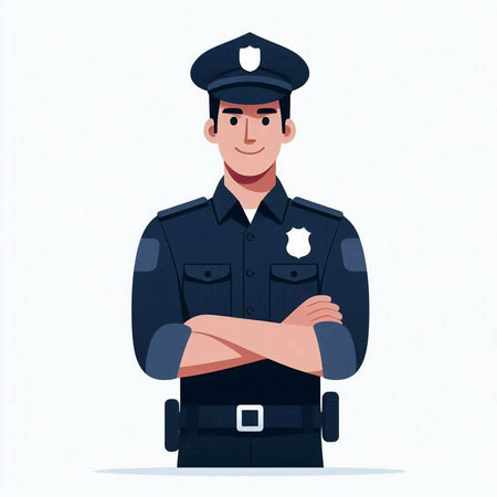Vector illustration of a policeman in uniform. Policeman standing with crossed arms.のイラスト素材