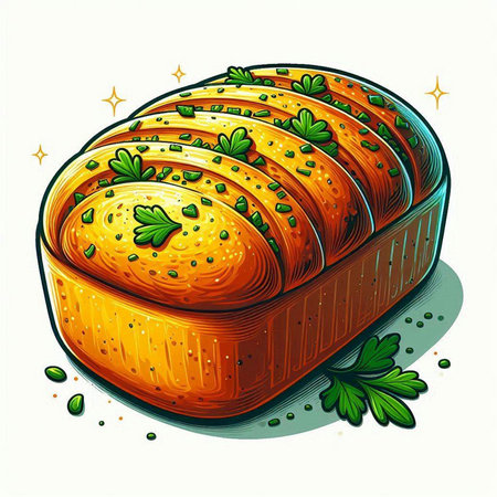Illustration of a baked loaf of bread with parsley on a white backgroundのイラスト素材