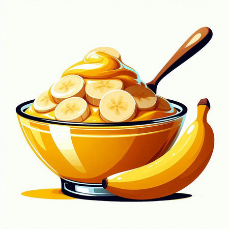 Illustration of a bowl of banana butter and bananas on a white backgroundのイラスト素材