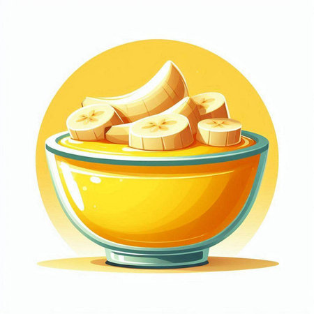 Illustration of a bowl of fresh banana slices on a white backgroundのイラスト素材
