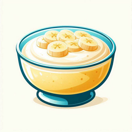 Banana yogurt in a glass bowl. Vector illustration on white background.のイラスト素材