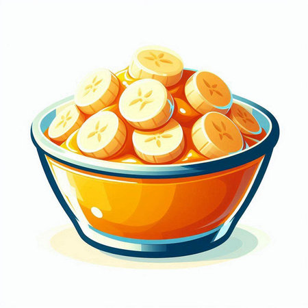 Illustration of a bowl full of sliced bananas on a white backgroundのイラスト素材