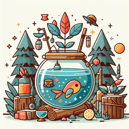 Vector illustration of a cute cartoon aquarium with fish, plants and other elements.のイラスト素材