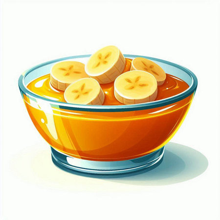 Banana jam in a glass bowl on a white background. Vector illustration.のイラスト素材