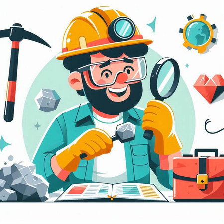 Cartoon miner with magnifying glass and tools. Vector illustration.のイラスト素材