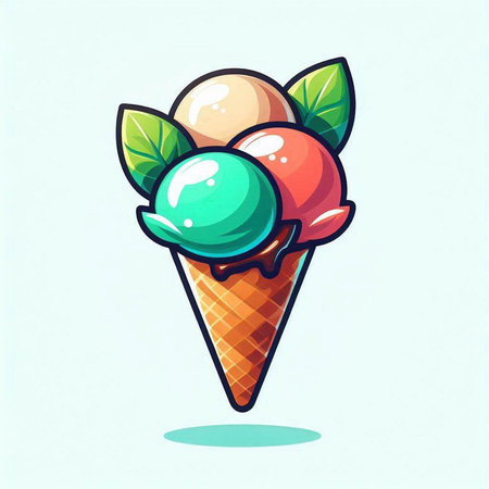 Ice cream cone with colorful ice cream balls and mint leaves. Vector illustration.のイラスト素材