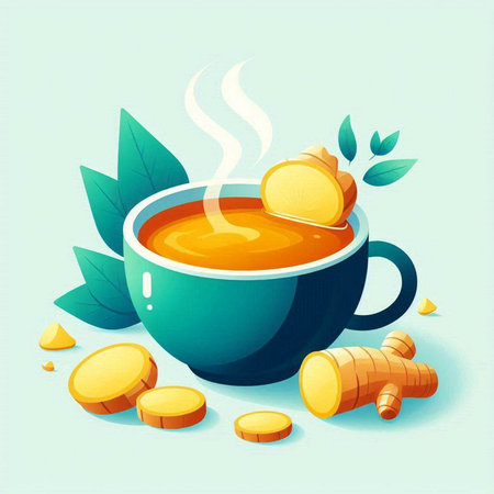 Cup of tea with turmeric and ginger, vector illustration.のイラスト素材
