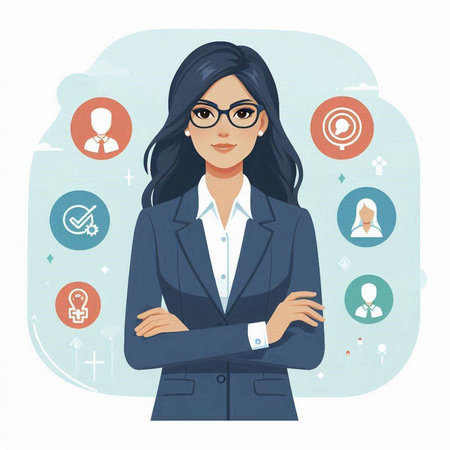 Young businesswoman with crossed arms and social media icons. Vector illustration.のイラスト素材