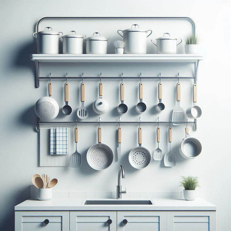 Kitchen shelves with utensils. 3d render illustration.のイラスト素材