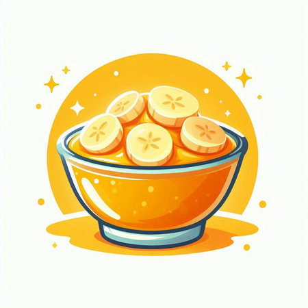 Illustration of a bowl with banana slices on a white background.のイラスト素材