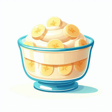 Illustration of a bowl of banana pudding on a white background.のイラスト素材