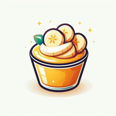 Vector illustration of a bowl of banana jam with slices of banana.のイラスト素材