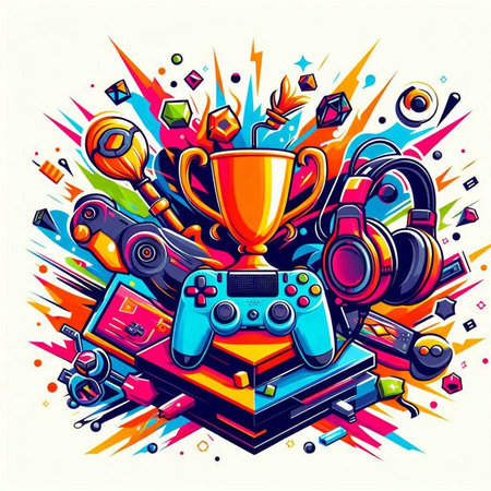 Vector illustration of a retro gamepad with a trophy in the background.のイラスト素材