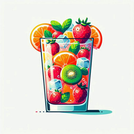 Fruit cocktail in a glass with ice cubes and fruits. Vector illustration.のイラスト素材