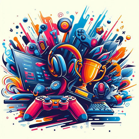 Vector illustration of a gaming background with a lot of colorful elements.のイラスト素材