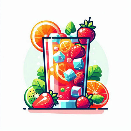 Strawberry mojito cocktail with fresh fruits and ice cubes. Vector illustration.のイラスト素材