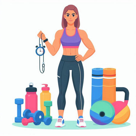 Fitness girl with dumbbells and bottle of water, vector illustrationのイラスト素材