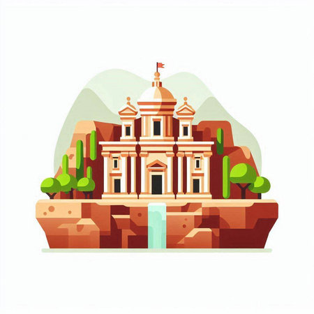 Ancient temple on the rock. Vector illustration in flat cartoon style.のイラスト素材