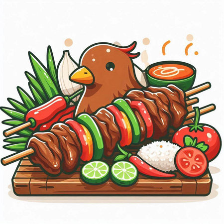 Illustration of a chicken with skewers and vegetables on a white backgroundのイラスト素材