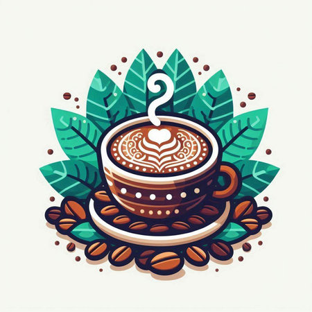 Coffee cup with latte art and leaves. Vector illustration.のイラスト素材