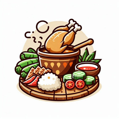 Illustration of a chicken in a bowl with rice and vegetables.のイラスト素材