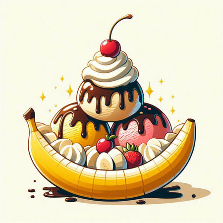 Banana split with ice cream and whipped cream. Vector illustration.のイラスト素材