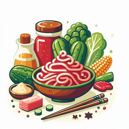 Vector illustration of a bowl of spaghetti with tomato sauce, cucumber, lettuce, pepper, soy sauce, salt and chopsticksのイラスト素材