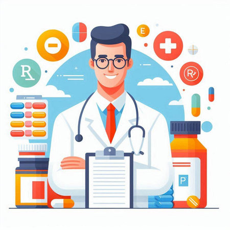 Male doctor with clipboard. Medicine and healthcare concept. Vector illustration in flat styleのイラスト素材