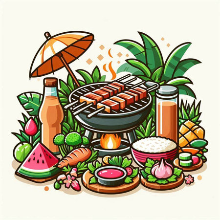 Vector illustration of barbecue party with meat and vegetables on white background.のイラスト素材