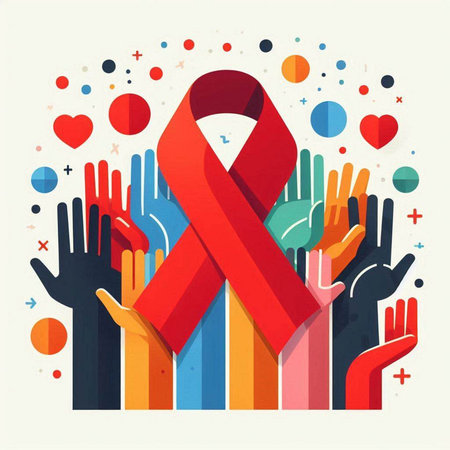 World Aids Day background with red ribbon and hands. Vector illustration.のイラスト素材