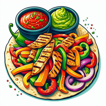 Mexican tacos with guacamole and vegetables. Vector illustration.のイラスト素材