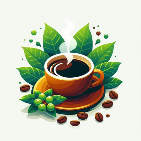 Coffee cup with green leaves and coffee beans. Vector illustration.のイラスト素材