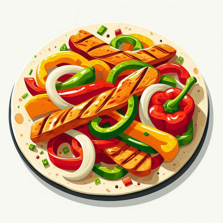 Illustration of a pizza with chicken and vegetables on a white backgroundのイラスト素材