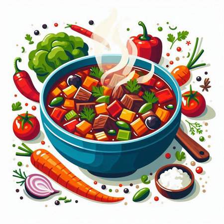 Vegetable stew with meat and vegetables in a bowl. Vector illustration.のイラスト素材
